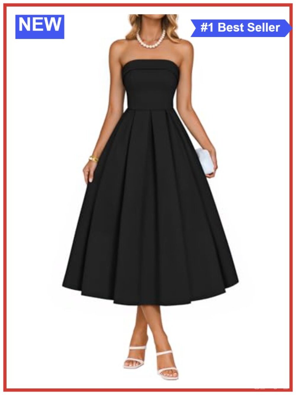 Strapless Ruched A-Line Midi Dress with Pockets, Summer Party Cocktail